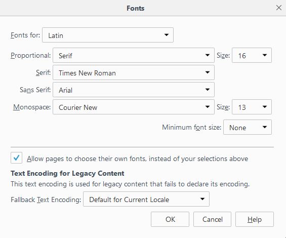 Screen shot of the Firefox advanced font window.